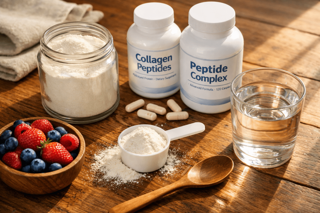 Collagen peptide supplements and amino acid products arranged on wooden table with water and berries