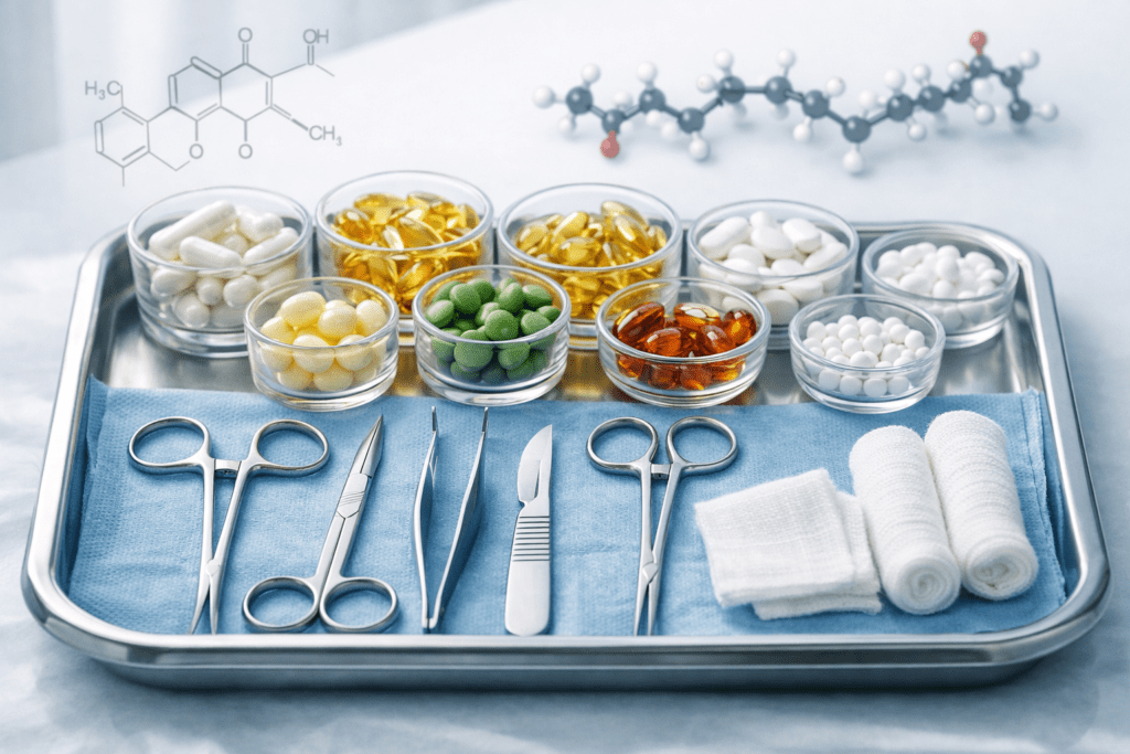 Pre-surgery supplements arranged with surgical instruments in clinical setting, presurgical nutrition preparation