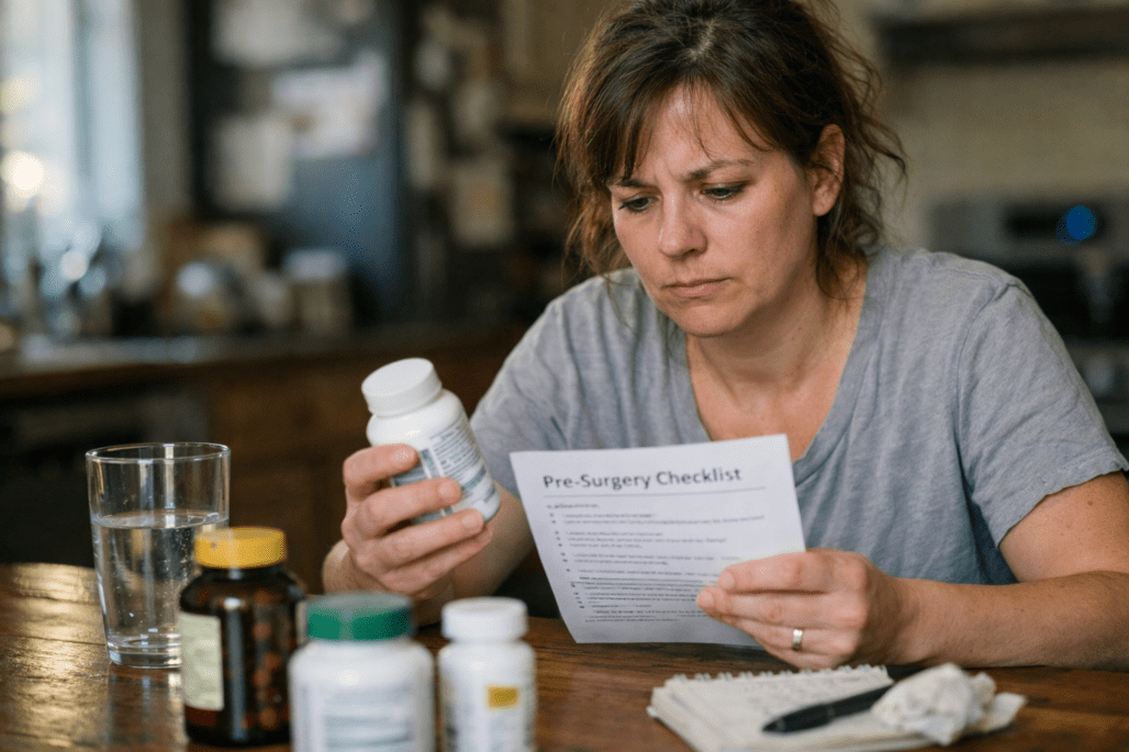 Person reviewing pre-surgery supplement protocol and surgical recovery preparation checklist
