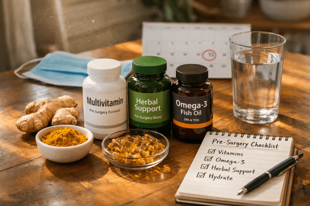 Pre-surgery supplements and nutrition items arranged on table for surgical recovery planning