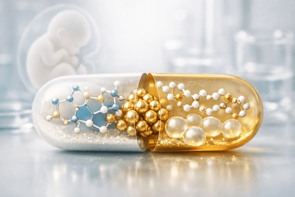 Molecular visualization of prenatal vitamins showing folic acid and key pregnancy nutrients in scientific composition