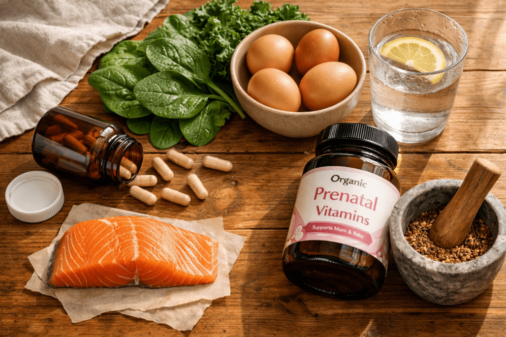 Prenatal vitamins and nutrient-rich foods including leafy greens, fish, and eggs arranged on wooden surface