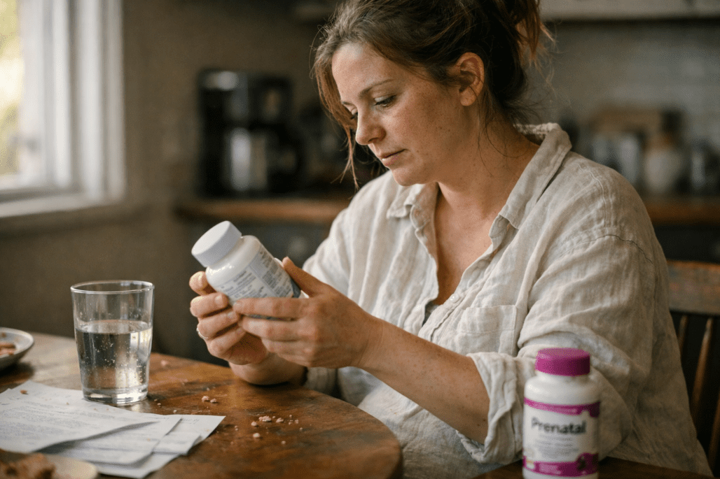 Pregnant woman reviewing prenatal vitamin bottle at kitchen table in natural morning light