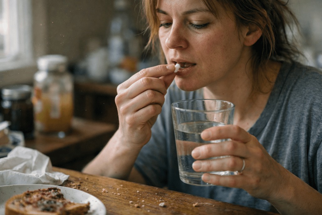 Person taking probiotic capsule at breakfast table demonstrating best time to take probiotics with food