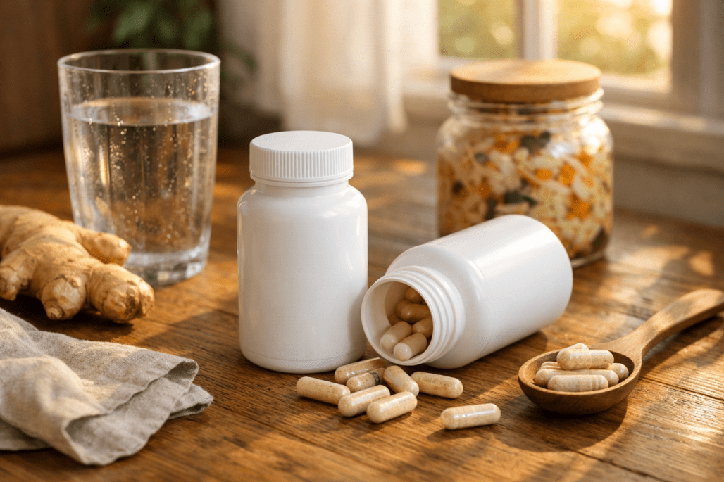 Probiotic supplements and capsules on kitchen counter with water glass showing best timing for probiotic intake