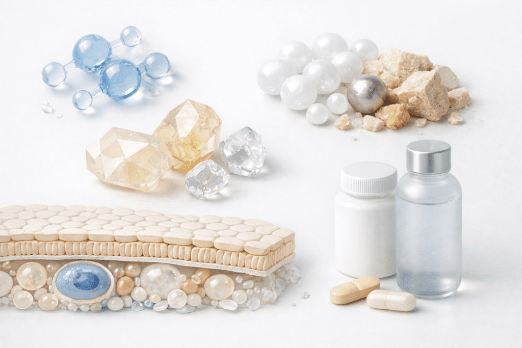 Travel supplements and vitamin molecules in scientific editorial style for summer health kit