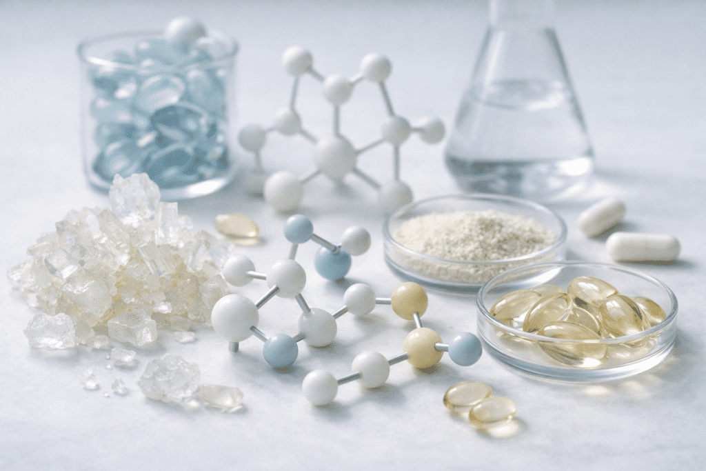 Molecular structures and supplement crystals in scientific editorial style for supplement claims decoder