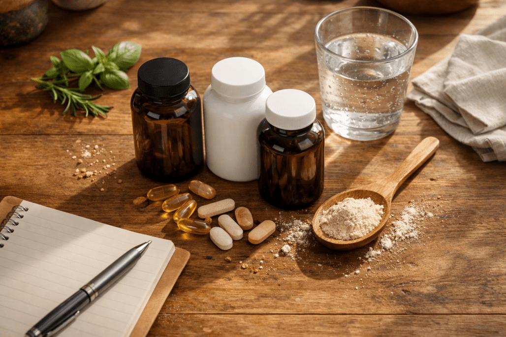 Supplement bottles and health products arranged on wooden table with natural lighting and context
