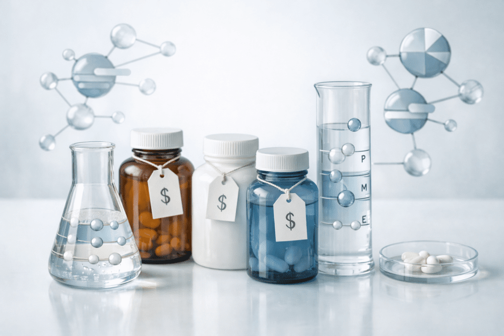 Scientific visualization of supplement cost analysis with vitamin bottles and pricing metrics