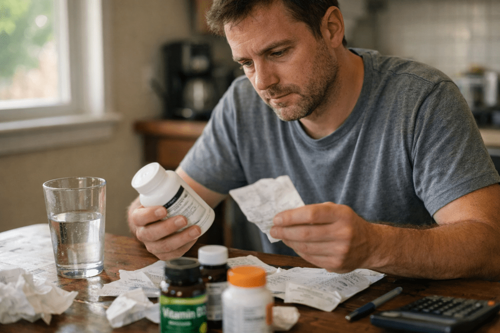 Person reviewing supplement costs and health product expenses at home