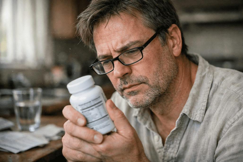 Person carefully reading supplement label at home to understand vitamin facts and ingredient information