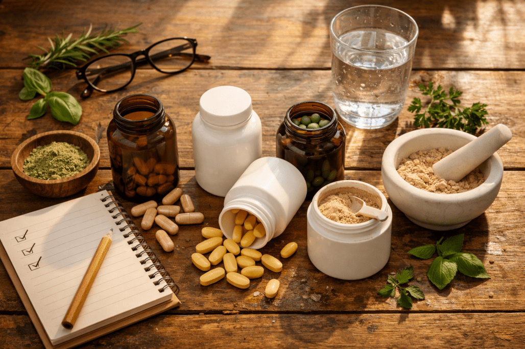 Various supplement bottles and pills arranged on wooden table with water glass for comparing different supplement types