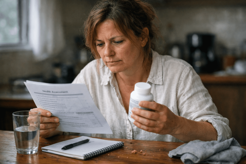 Woman reviewing personalized supplement needs assessment and health test results at home