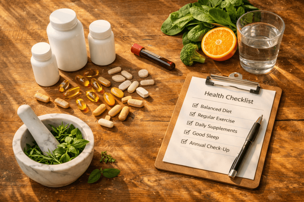 Supplement needs assessment tools including vitamins, blood test vial, and fresh foods on wooden table