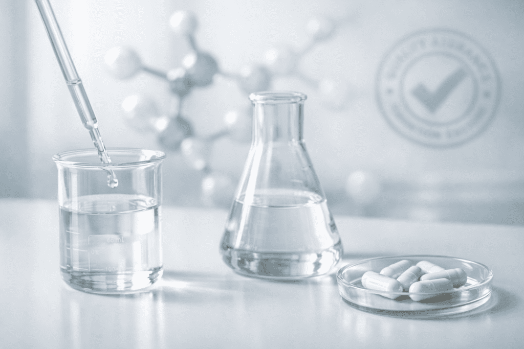 Supplement quality testing in laboratory setting with scientific equipment and certification indicators