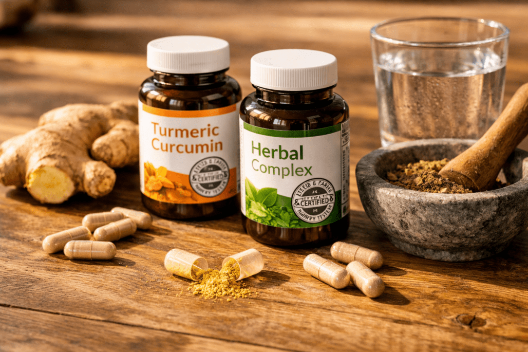 Quality supplement bottles with testing seals displayed alongside natural ingredients and water