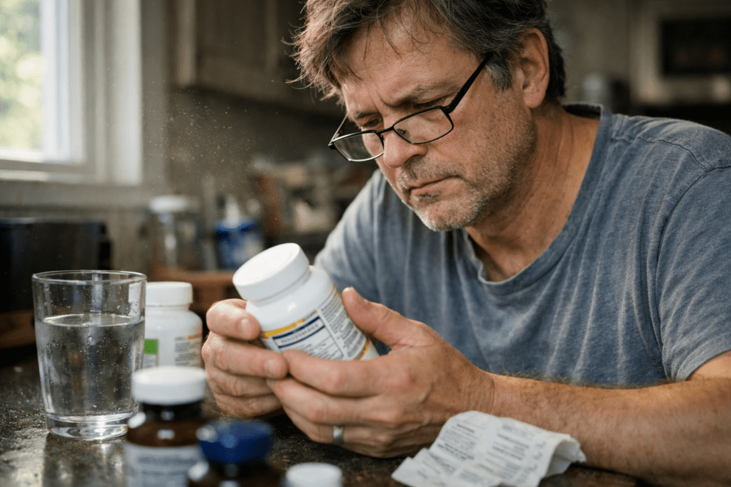 Person carefully examining supplement label to verify quality standards and manufacturing information