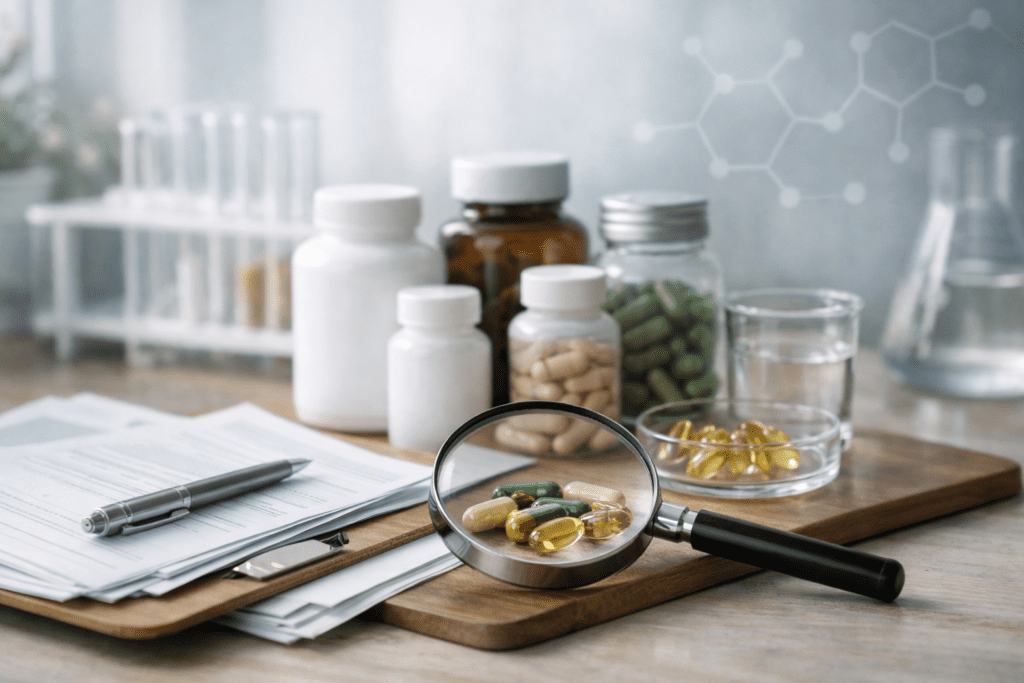 FDA supplement regulation concept with lab equipment and capsules in clean scientific setting