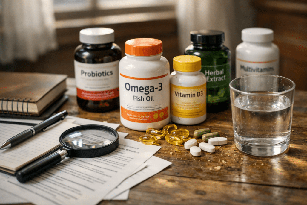 Dietary supplement bottles and compliance documents arranged on wooden table with natural lighting