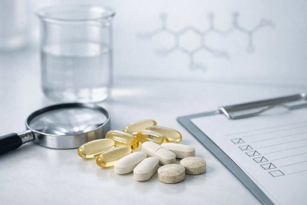 Supplement safety analysis showing vitamin quality control and red flags for health supplements