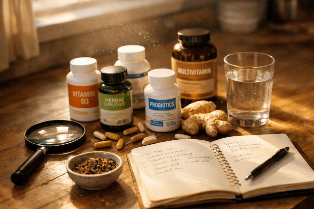 Supplement bottles and health products on kitchen counter showing vitamin safety warning signs