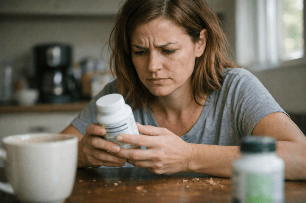 Woman reading supplement label carefully, checking for health supplement safety warnings and red flags