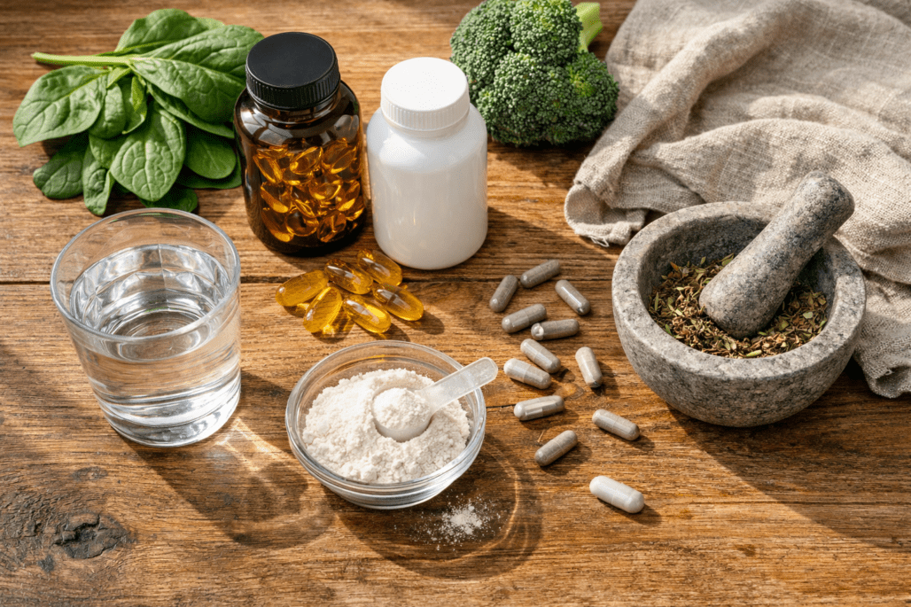 Supplement stacking arrangement with vitamins, minerals, and whole foods on wooden surface