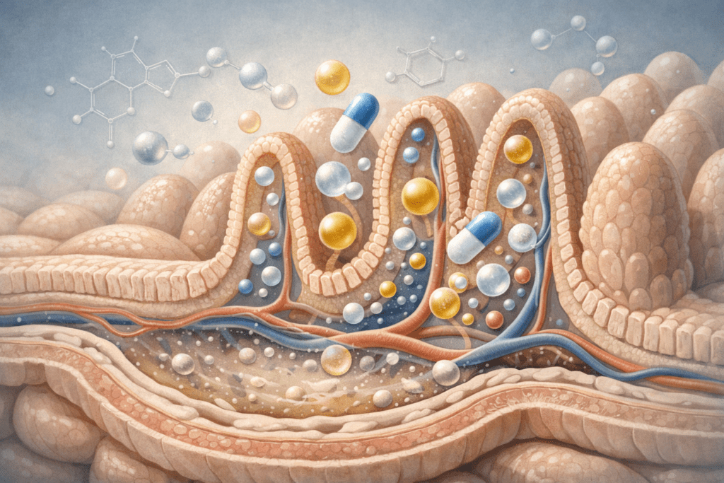 Anatomical illustration of supplement absorption in digestive system with molecular structures