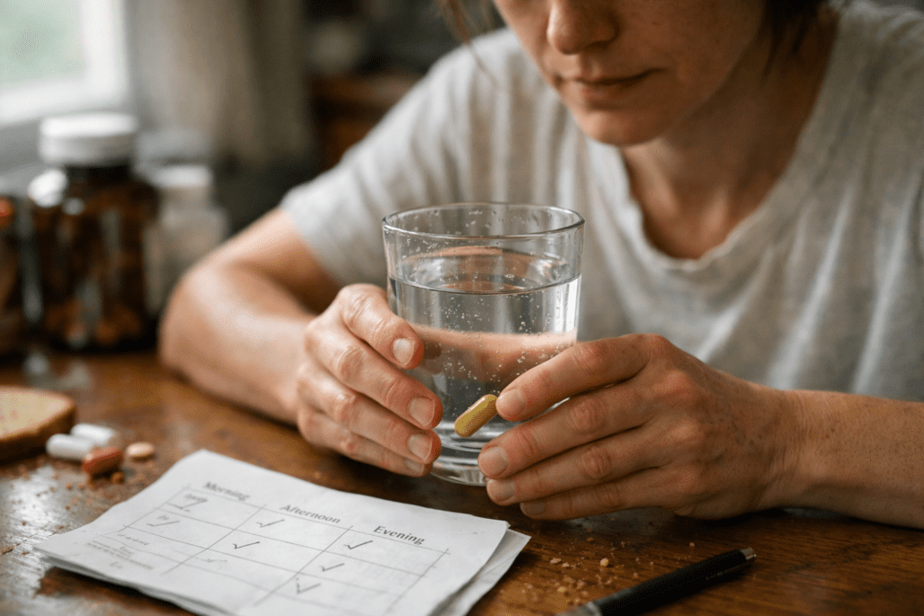 Person taking vitamin with water while reviewing supplement timing schedule at home