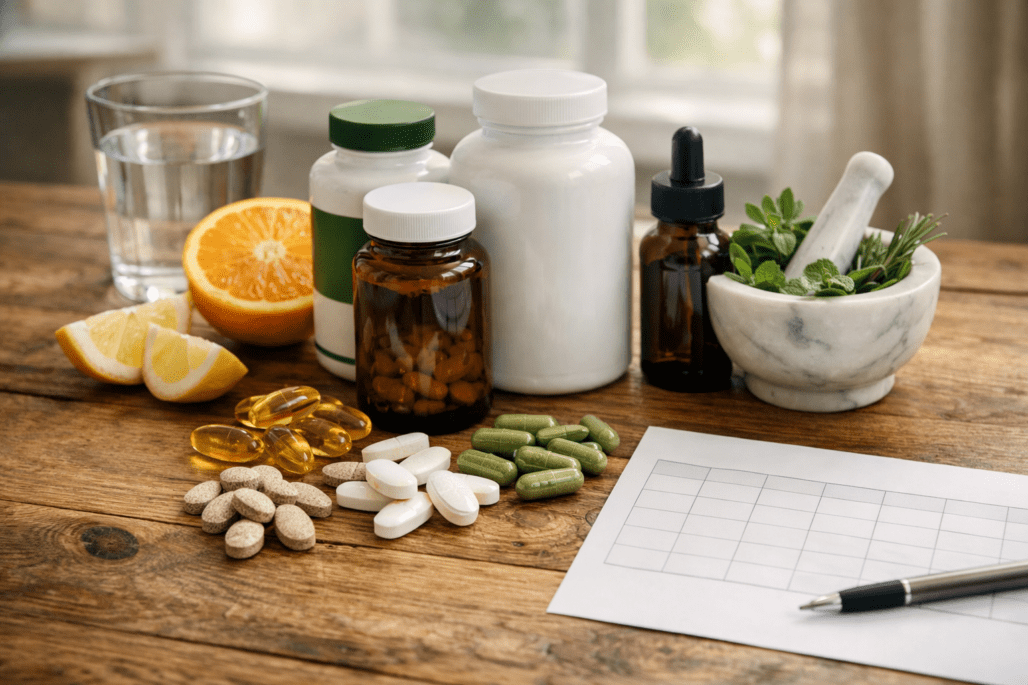 Supplement bottles and vitamins arranged with water glass on wooden table for timing reference