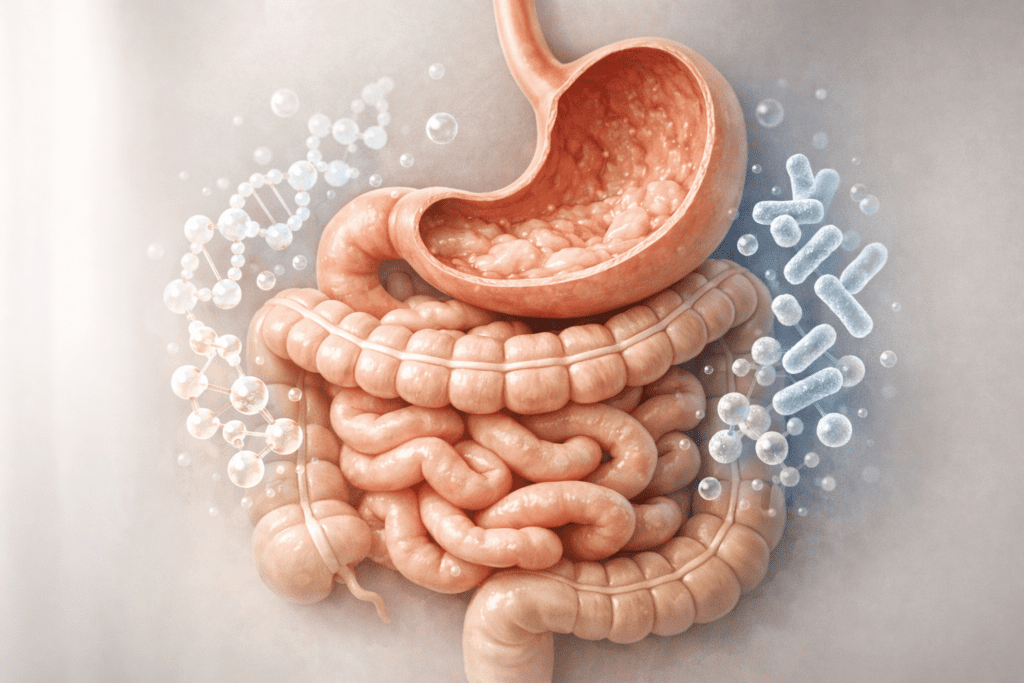 Anatomical digestive system illustration showing supplements for bloating and gut health mechanisms