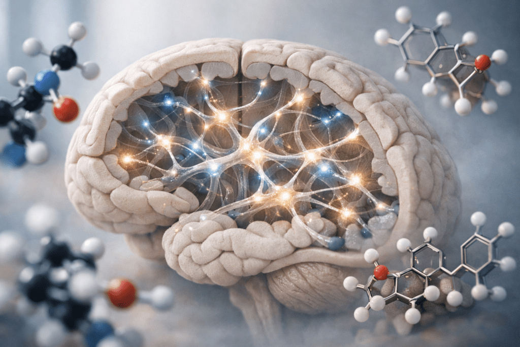 Neural pathways and nootropic molecular structures illustrating brain fog supplements and cognitive support