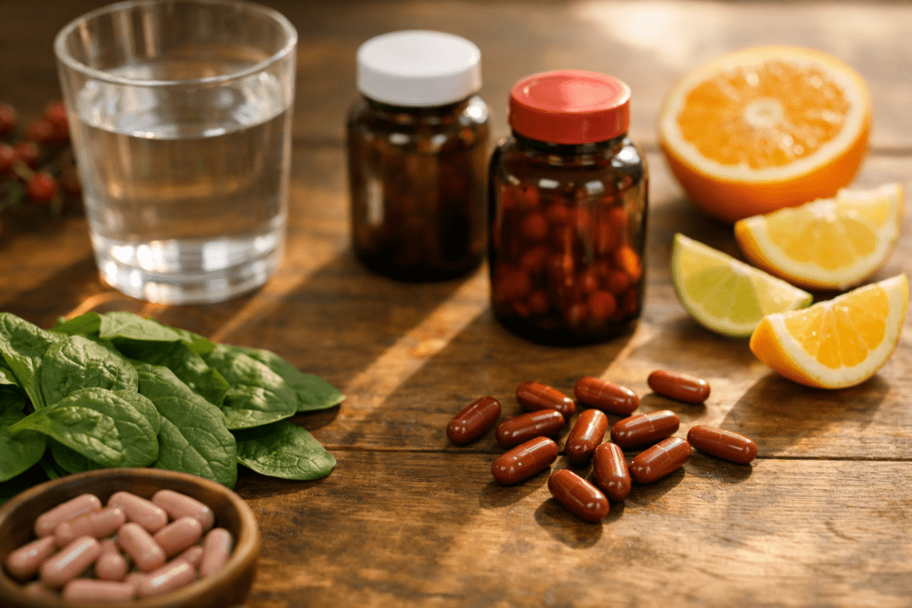 Best vitamins for energy displayed with natural energy booster ingredients on wooden surface