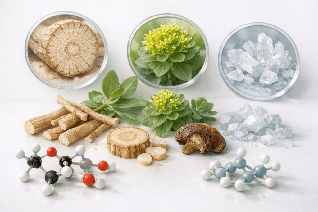 Molecular structures and botanical cross-sections of adaptogenic herbs for stress relief supplements