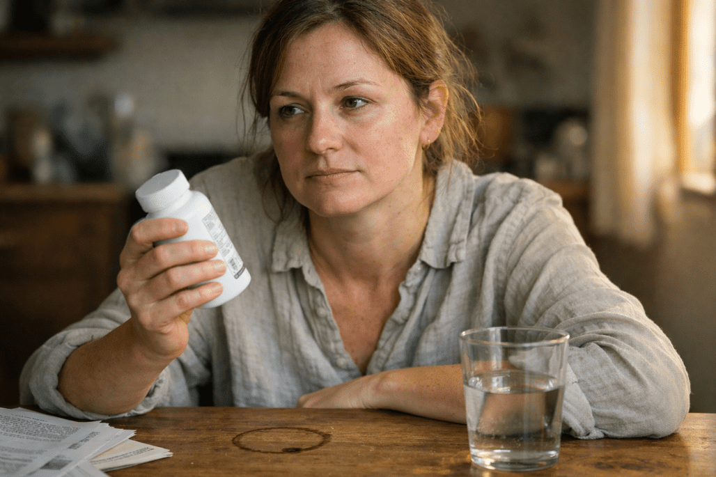 Person examining stress management supplement bottle in natural kitchen lighting