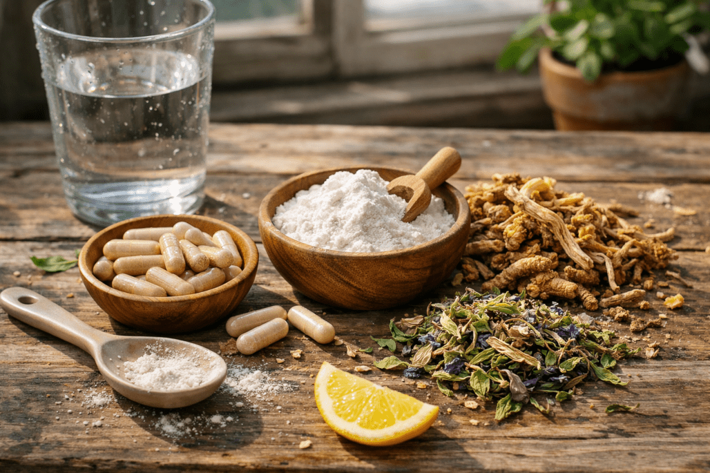 Stress relief supplements and natural ingredients arranged on wooden table with water glass