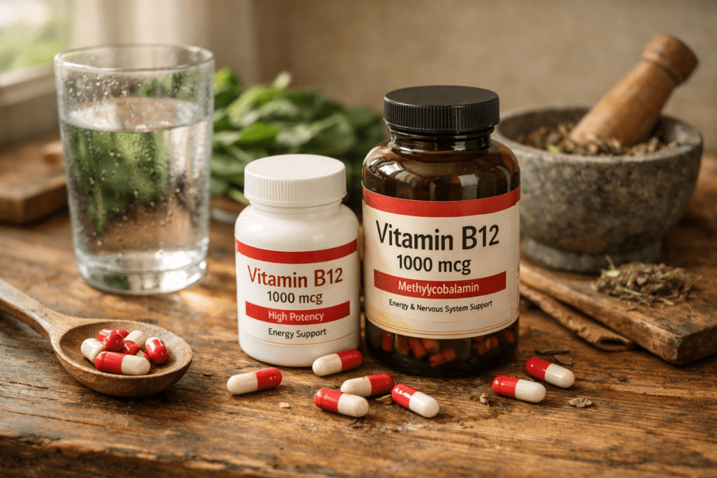 B12 supplement bottles and tablets with water glass and fresh greens on wooden table