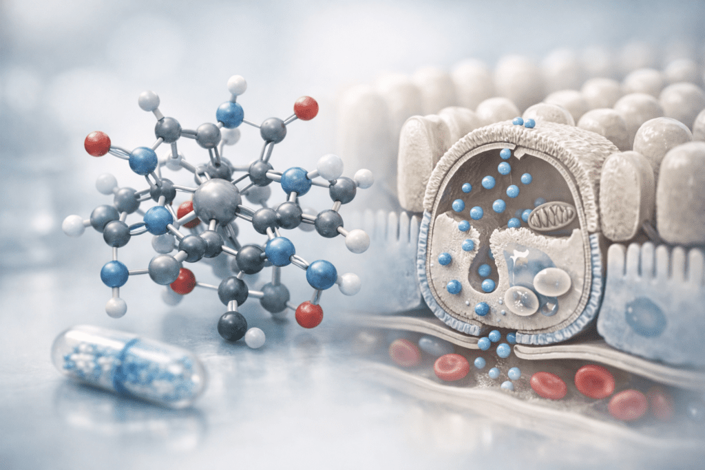 Vitamin B12 molecular structure and cellular absorption pathway in scientific editorial style