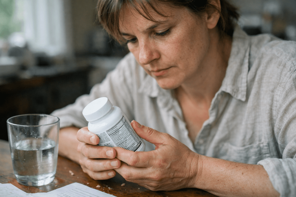 Person reviewing B12 supplement dosage information on bottle label at kitchen table