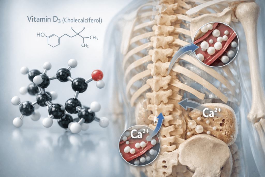 Vitamin D molecular structure and skeletal system absorption pathway illustration