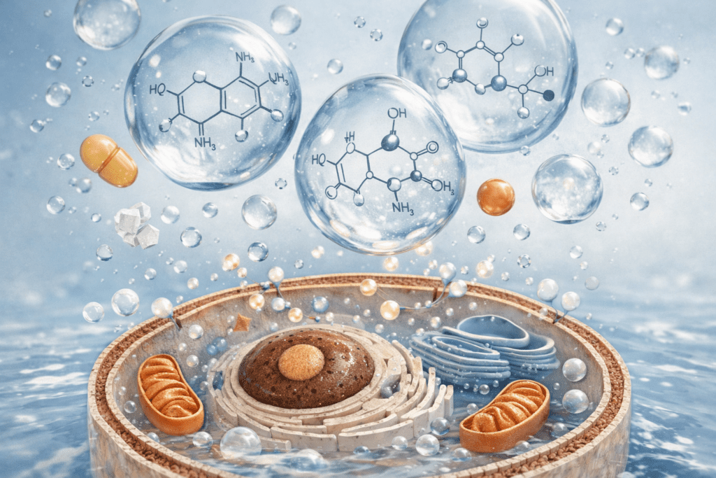 Water-soluble vitamins and B vitamins illustrated with molecular structures in scientific editorial style