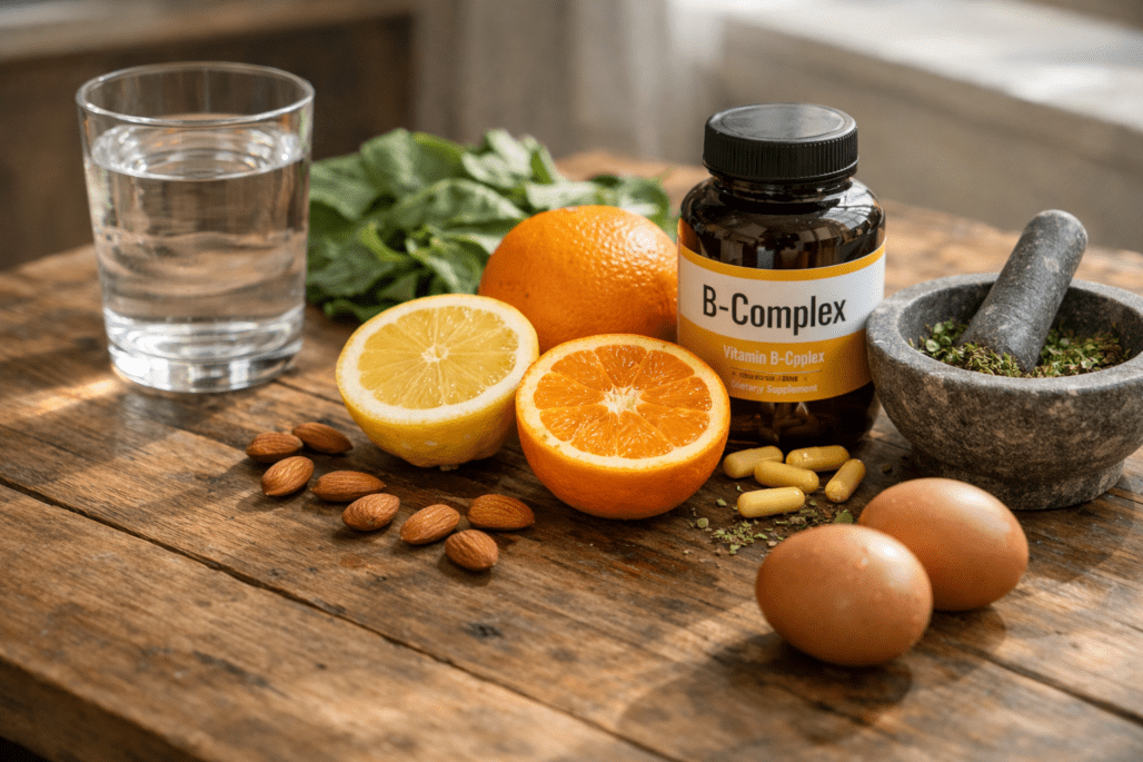 Water-soluble vitamin benefits shown through natural food sources and supplements on wooden table