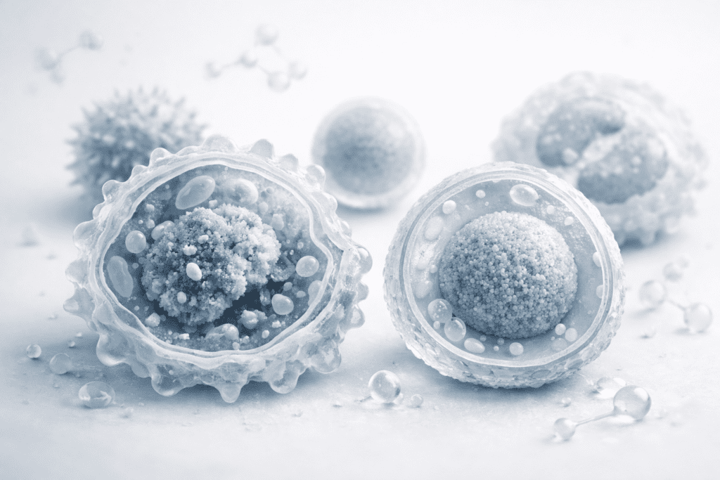 Winter immune support: microscopic view of immune cells and white blood cells in scientific illustration style