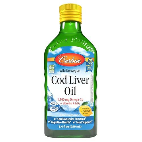 Carlson - Cod Liver Oil, 1100 mg Omega-3s, Liquid Fish Oil Supplement, Wild-Caught Norwegian Arctic, Sustainably Sourced Nordic Liquid, Lemon, 250 ml