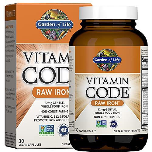 Garden of Life Vitamin Code Raw Iron Supplement - 30 Vegan Capsules, 22mg Once Daily Iron, Vitamins C, B12, Folate, Fruit, Veggies & Probiotics, Iron Supplements for Women, Energy & Anemia Support