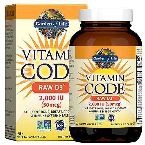 Garden of Life Vitamin D, Vitamin Code Raw D3, Vitamin D 2,000 IU, Raw Whole Food D3 Supplements with Chlorella, Fruit, Veggies & Probiotics for Bone & Immune Health, 60 Vegetarian Capsules