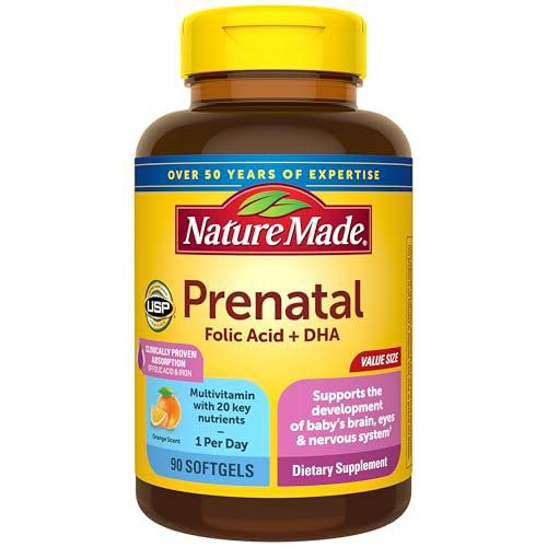 Nature Made Prenatal Vitamins for Women with Folic Acid + DHA, Prenatal Vitamin and Mineral Supplement for Daily Nutritional Support, 90 Softgels, 90 Day Supply