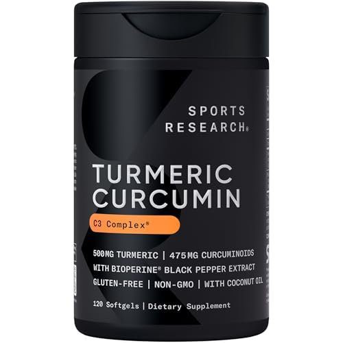 Sports Research® Turmeric Curcumin C3 Complex® w/BioPerine Black Pepper Extract & Organic Coconut Oil - Standardized 95% Curcuminoids · Non-GMO · Gluten Free - 120 Count Softgels