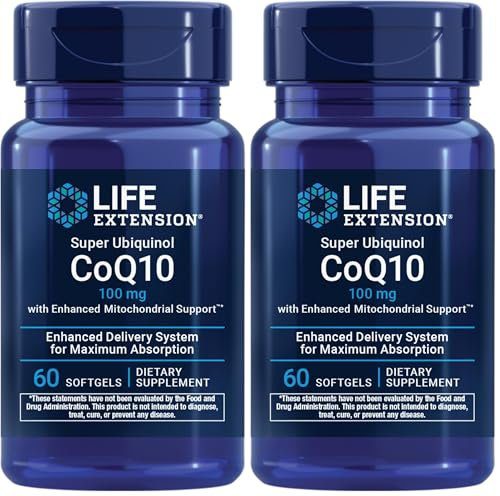 Life Extension Super Ubiquinol CoQ10 with Enhanced Mitochondrial Support, Potent Heart Health & Cellular Energy Production Support, Ultra-absorbable, Gluten-Free, Non-GMO, 100 mg, 60 softgels