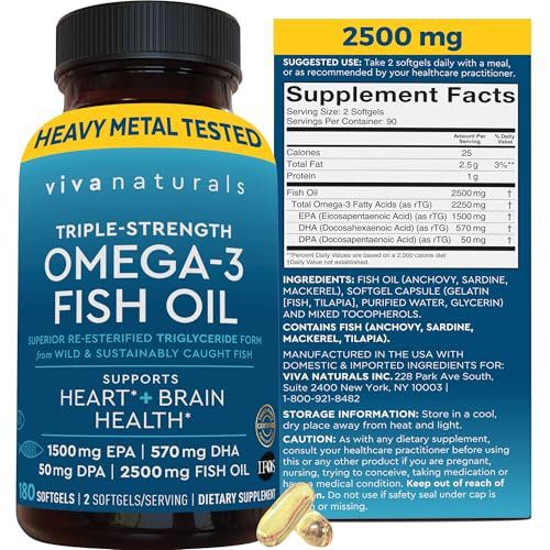 Triple Strength Omega 3 Fish Oil Supplement for Men and Women – 2500 mg High-Potency, Easy-to-Absorb Re-esterified Triglyceride Form, Pescatarian-Friendly DPA EPA DHA Omega 3 Supplement, 180 Softgels